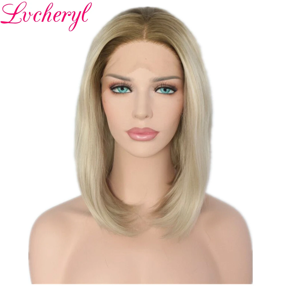 Lvcheryl Омбре коричневые корни пепельный блонд короткий Боб ручная вязка Полная плотность высокая температура волокна волос Синтетические Кружева передние парики