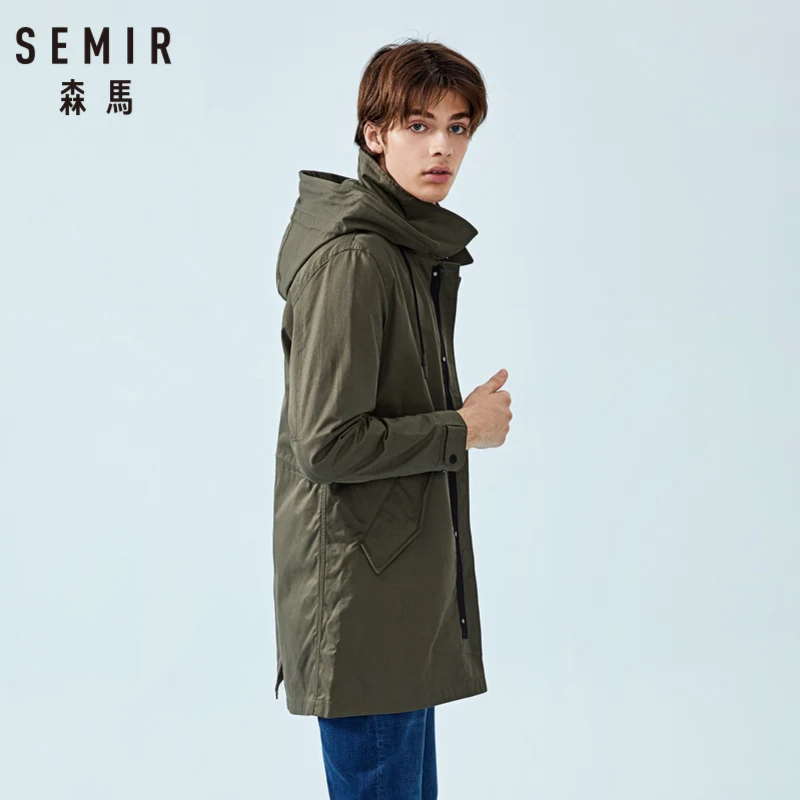 SEMIR мужская длинная куртка с капюшоном на весну и осень карманами молнии