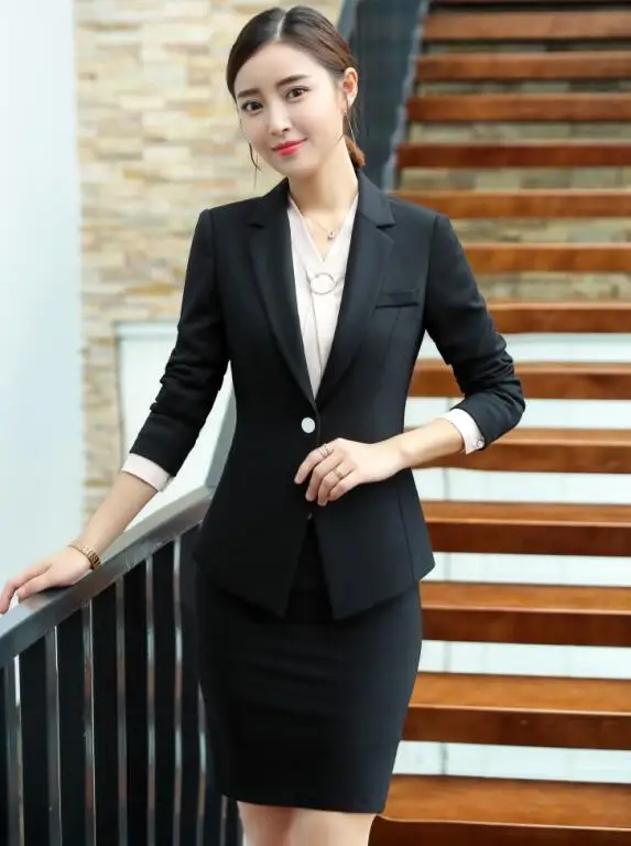 Black coat and skirt Деловой костюм с юбкой для женщин осень зима модная Дамская одежда для интервью официальный Блейзер и юбка офисная размера плюс Рабочая Униформа - Цвет: Black coat and skirt