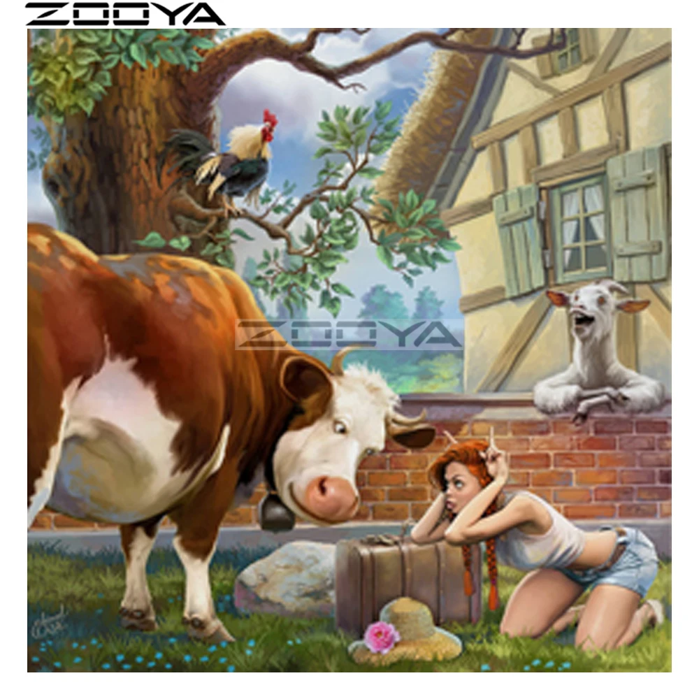 

ZOOYA 5d Diamond Embroidery Full Round Diamond Pictures Of Rhinestones Cow Girl Chicken Full Diamond Painting Cross-Stitch R1929
