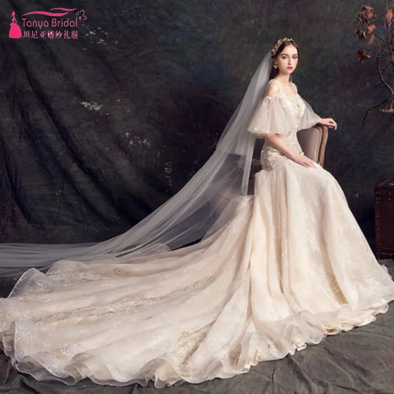 

Real Images Lace Appliques Mermaid Wedding Dresses Scoop Neck Floor-Length Lace Up Embroidery Bridal Gowns DQG845