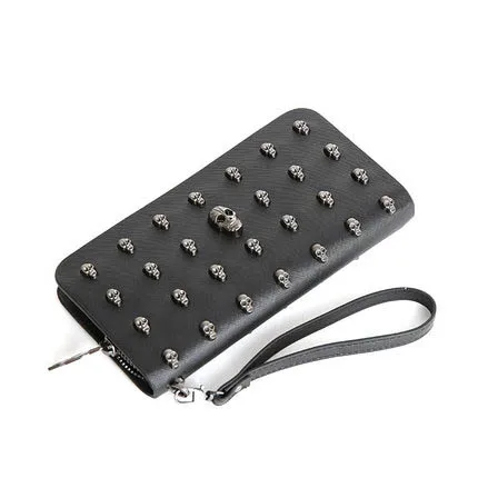 Leather Women Wallet Purse Skull Rivet Wristlet Wallets Long Zipper Handbag free shipping |