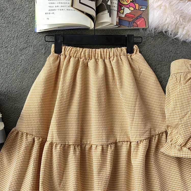 ALPHALMODA/ летний укороченный топ+ юбка трапециевидной формы, женский милый комплект из 2 предметов, куртка и юбка в клетку с высокой талией