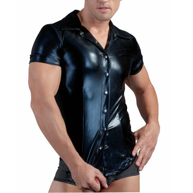 

CFYH Black Sexy Mens Soft Faux Leather Police Uniform Shirt Tops with Snap Down Collar Novelty and Stylish Short Sleeve Uniform