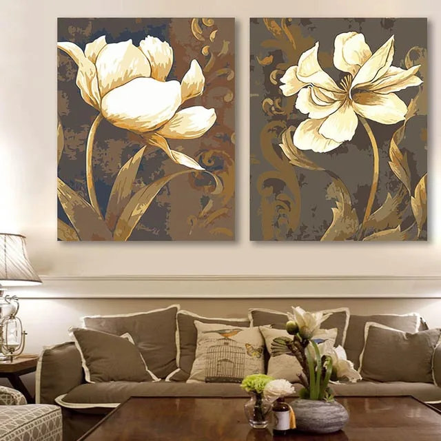 

DIY colorings pictures by numbers with colors White lotus picture drawing painting framed Home decor Two pieces