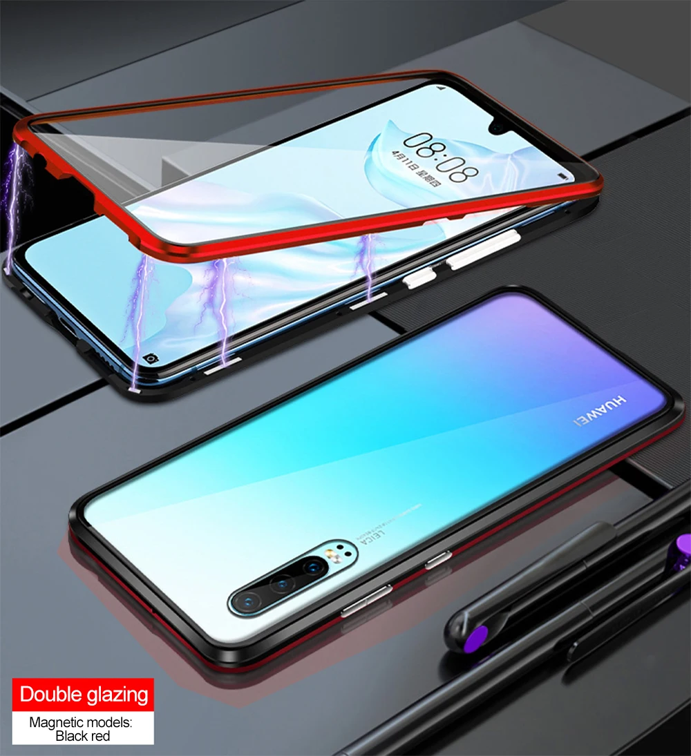 black and red Магнитный чехол для huawei P30 Pro, полный корпус, защитный, роскошный, 360 поглощение, водонепроницаемый, закаленное стекло, покрытие, Funda, изогнутая поверхность - Цвет: black and red