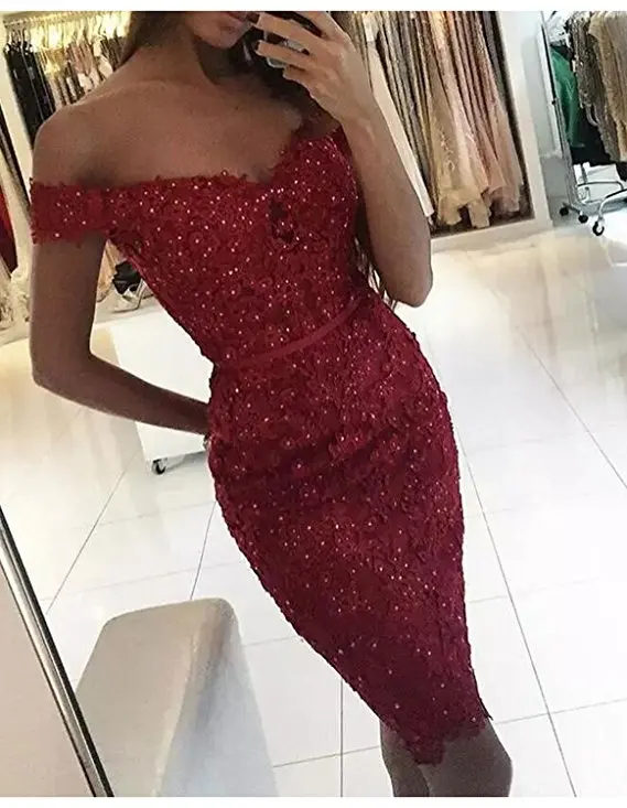 

Champange Lace Elegant Cocktail Dresses Off The Shoulder Buttons Back Short Mini Robe De Cocktail Party Gowns Custom Made