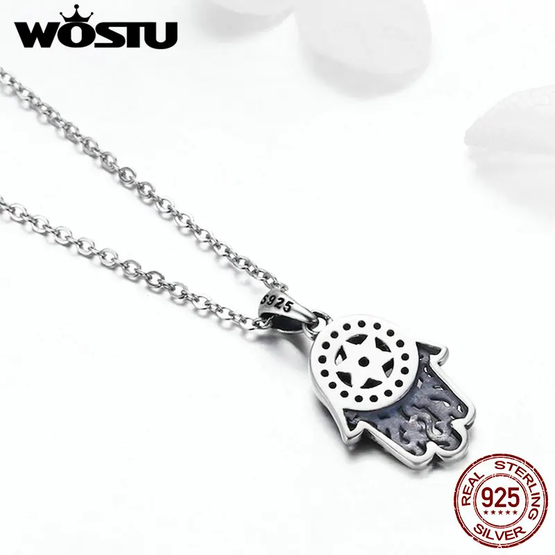 WOSTU Настоящее серебро 925 пробы Рука Фатимы Хамса кулон колье ожерелье для женщин