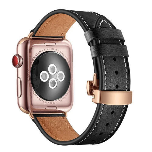 Ремешок из натуральной кожи для Apple Watch 3, 42 мм, 38 мм, ремешок из нержавеющей стали с бабочкой и пряжкой для наручных часов Iwatch Series 3, 2, 1 - Цвет ремешка: black