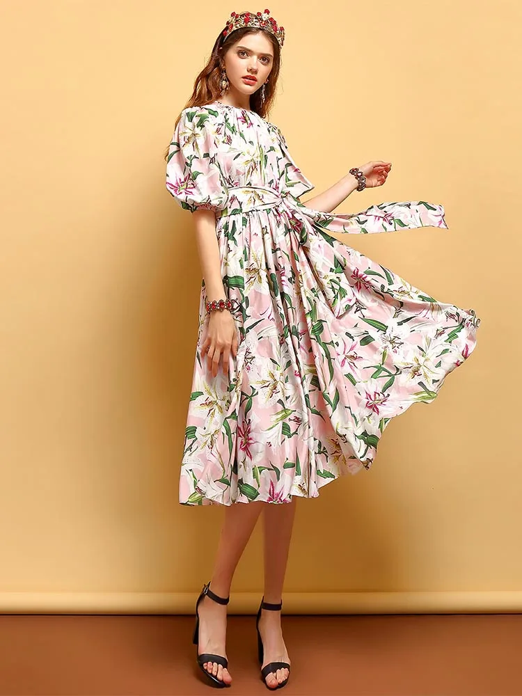 Многоцветный Женские повседневные платья миди LD LINDA DELLA, платье с рукавом-фонариком, цветочным принтом с лилиями, бантом, завышенной талией, рюшами, лето - Цвет: Многоцветный