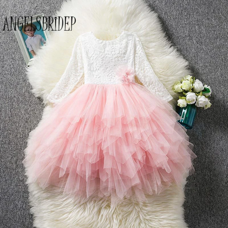 ANGELSBRIDEP/кружевные платья с цветочным узором для девочек нарядные розовые Бальные