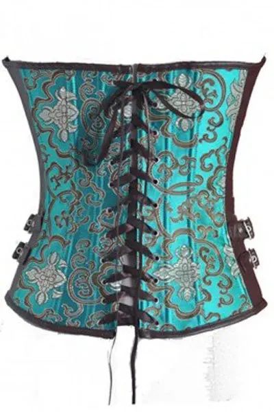 good quality &ampCoffee Faux Leather Trims Turquoise Brocade Corset LC5307 Bustier with G string Set Lingerie | Женская одежда