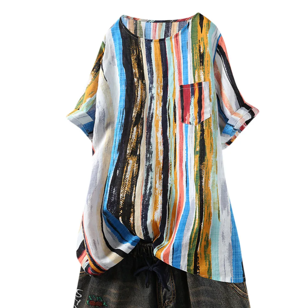 Цвет: желтый Boho, короткий рукав, блузка размера плюс, женская, лето, граффити, радуга, Полоска, рисунок, рубашка, Повседневная, о-образный вырез, льняная блузка, карман, топы - Цвет: Цвет: желтый