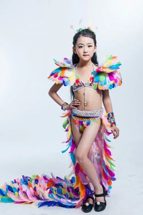 

Bikini white black blue colorful peacock cloak for kids carnaval stage performance costumes for girl