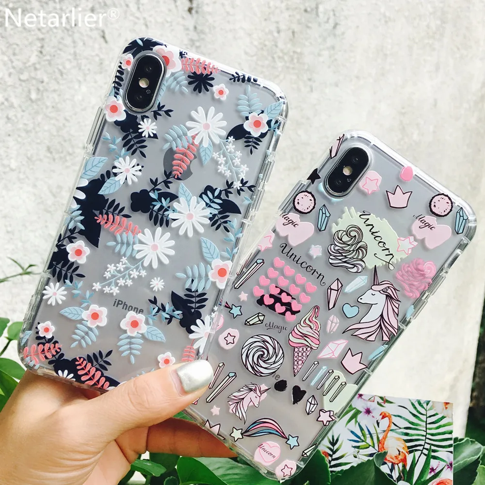 Netarlier воздушной подушке ТПУ чехол для iPhone 7 Plus 8 плюс цветочный Единорог мороженое