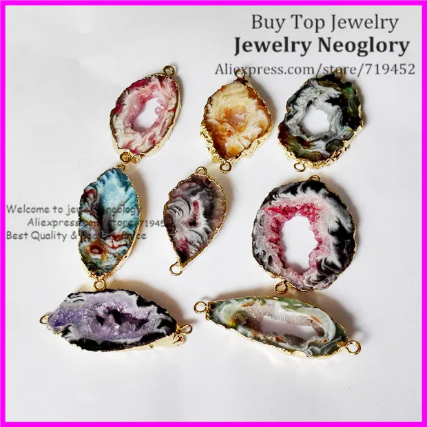 5pcs Mixed Colors Geode Leopard Stone Druzy Pendant Beads Natural Quartz Slice Gem Connector | Украшения и аксессуары