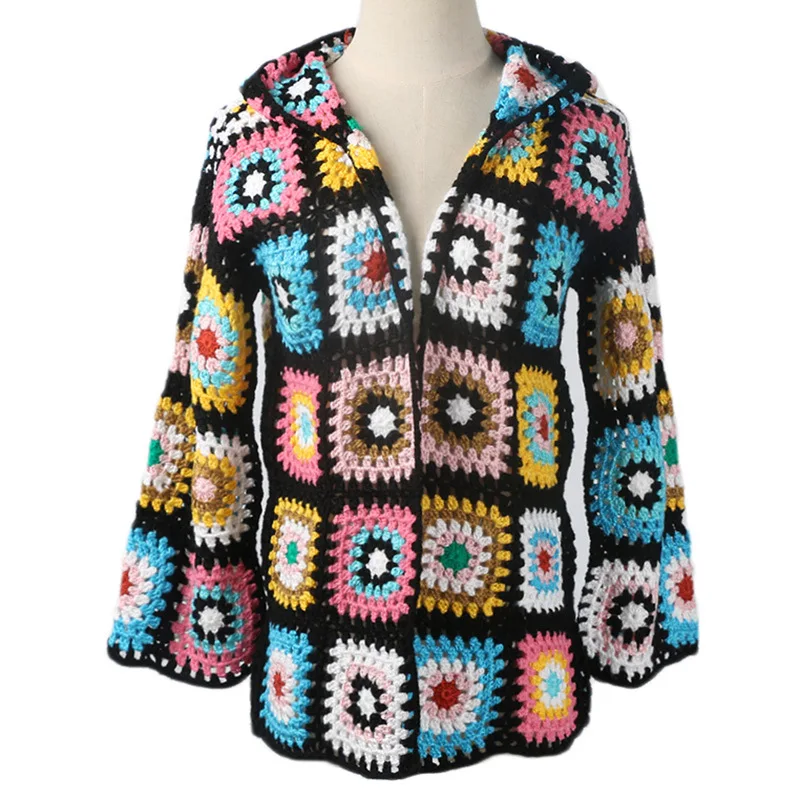 GRUIICEEN brand new fashion oversized open stitch cardigan knitting plaid hooded sweater GY2018754 |