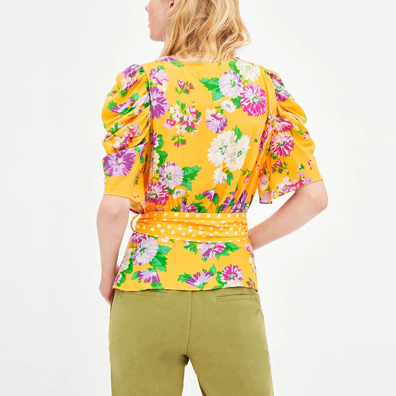 bagomoto Dotted Floral Print Elegant Shirt Tops Deep V Blouse 2018 Women Casual Chiffon Belt Decoration Top blusas |