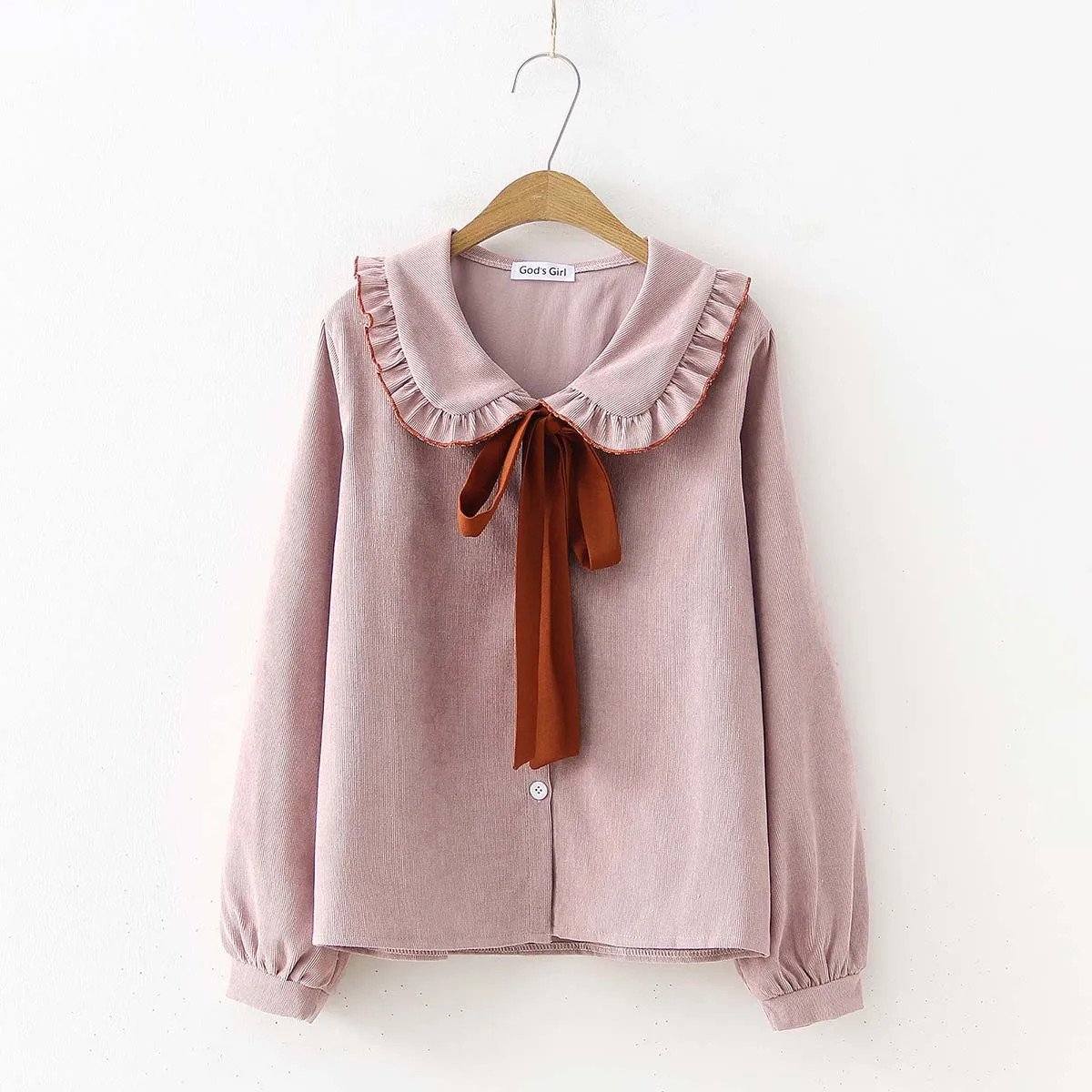 Pink Г., новая однотонная блузка на пуговицах с рюшами рубашка с длинными рукавами и круглым отложным воротником, на шнуровке, с лентой милый топ свободного размера плюс для девочек, T93904F - Цвет: Pink