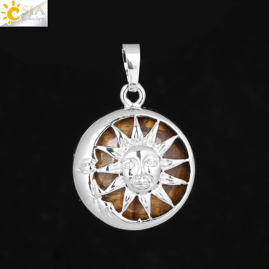 CSJA Moon Sun God Подвеска для ожерелья амулеты серебряный цвет коробка натуральный камень круглые бусины Кристалл кварц для женщин мужчин ювелирные изделия F371 - Окраска металла: Tiger Eye
