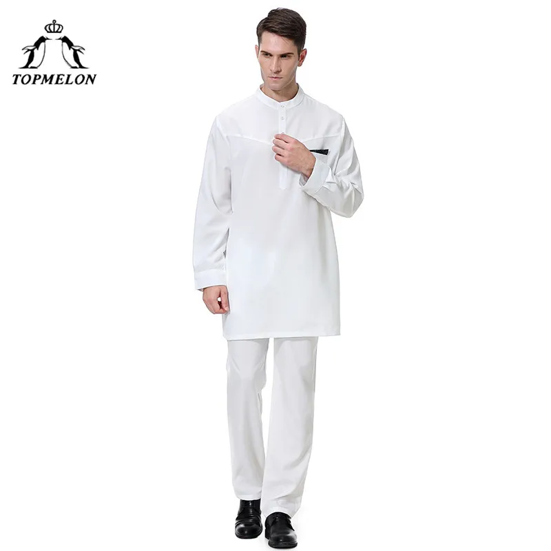 Белый TOPMELON Qatar Kurta Арабский мусульманский ислам комплект одежды мужские juba thebe топы и брюки S-3XL размера плюс новая модная одежда - Цвет: Белый