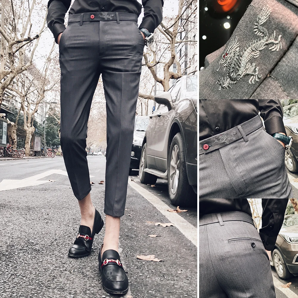 Мужские брюки с вышивкой дракона деловые повседневные офисные мужские узкие до