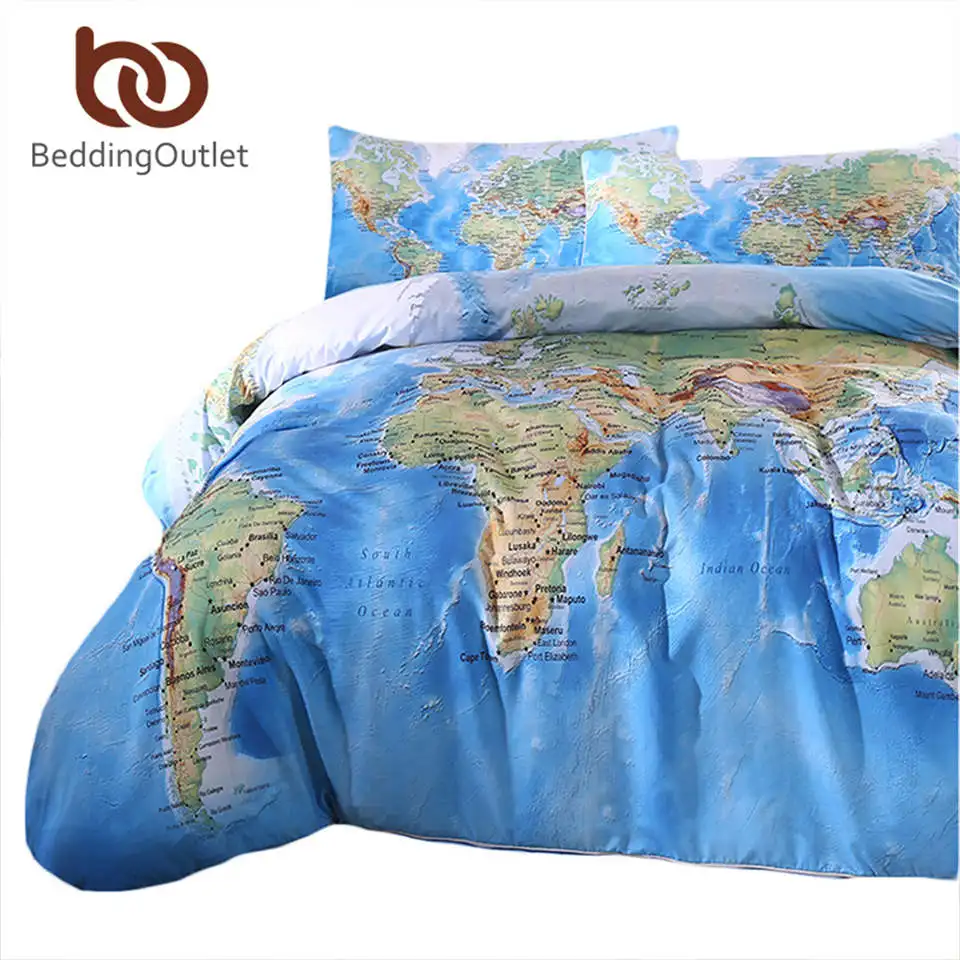 Комплект постельного белья из 3 предметов с изображением карты мира яркий синий
