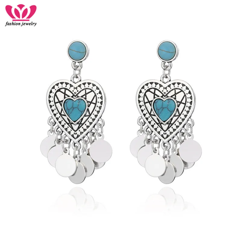 

Cute Fashion Jewelry Lovely Heart Dangle Earrings silvery With Sequins Tassel Statement Jewelry Earrings Bohemian Ethnic Jewelry