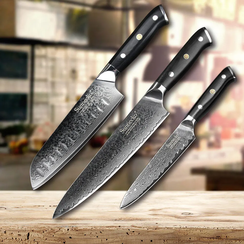 

SUNNECKO 3pcs Kitchen Knives Set 73 Layers Damascus Steel Japanese VG10 Blade Chef Slicer Paring Knife G10 Handle Meat Cutter