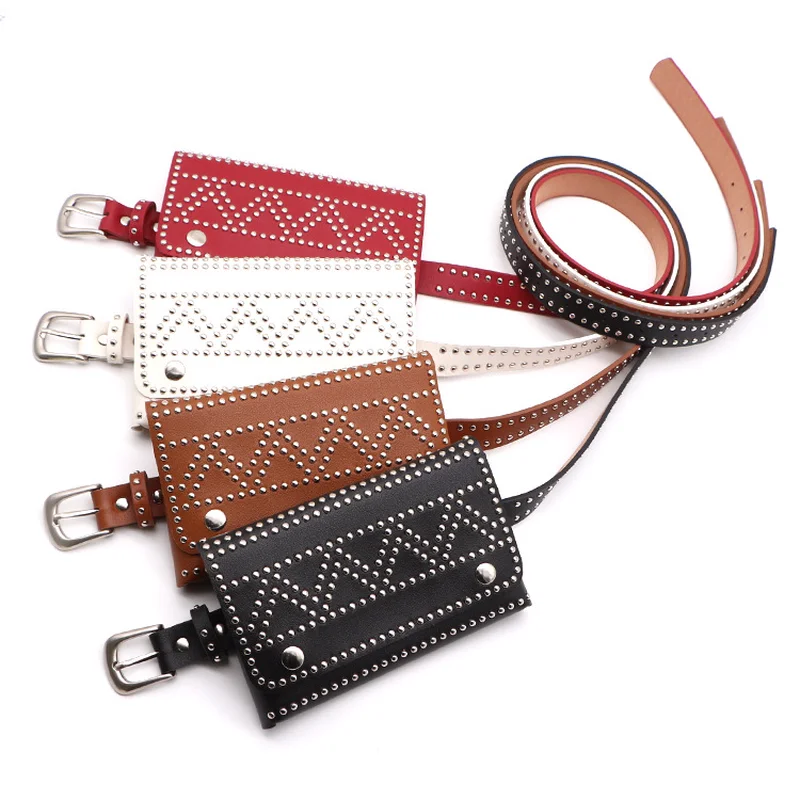 

2019 new punk Wind rivet belt white type bag rivet Fine belt mobile phone guide small waistband Girl chain 2.5cm for women red