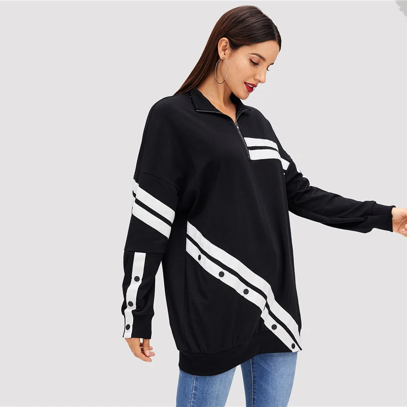 SHEIN Стильный Свитшот С Длинными Рукавами, Длинный Свитшот На Молнии С Пуговицами