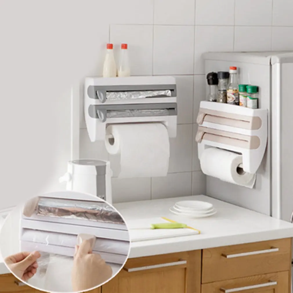 

Portable Kitchen Cling Film Sauce Bottle Storage Rack Container Paper Towel Holder with Cutting Blades Home Kitchen Supplies