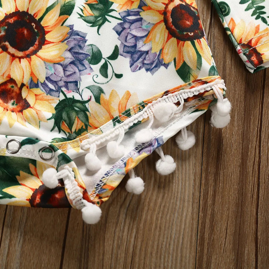 

Infant Girls Jumpsuit Long Sleeve Sunflowers Print Romper+ Headband Outfit Baby Girl Romper Summer 2019 Baby Onesies Newborn