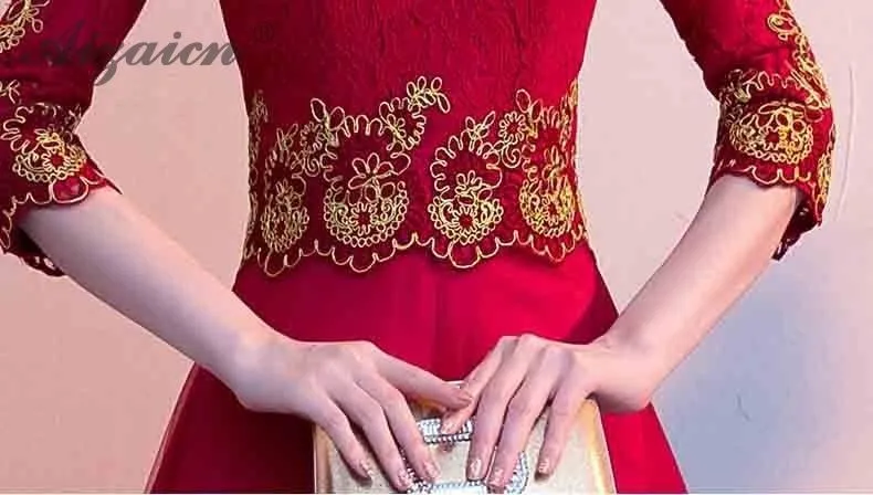 Красное вино традиционное китайское длинное вечернее платье модное Cheongsam сексуальное свадебное кружевное Qipao халат Восточный Стиль Платья повседневные