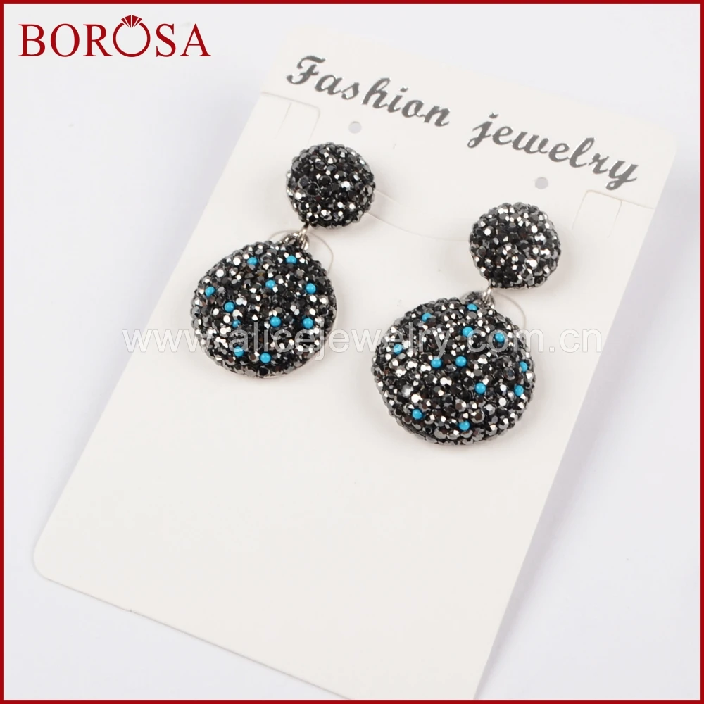 BOROSA Silver Color Round Charm Druzy Drop Earrings Handcrafted Rhinestone Pave CZ Dangle Gems Jewelry for Women JAB772 | Украшения и