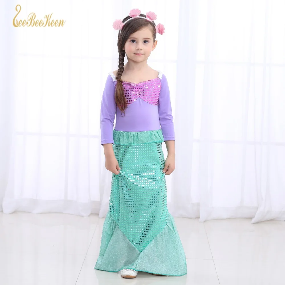 

2018 New Girls Mermaid Dress Long-Sleeve Evening Party Dress Girl Sequined Kids Princess Dress Cosplay Costume Holiday Gift