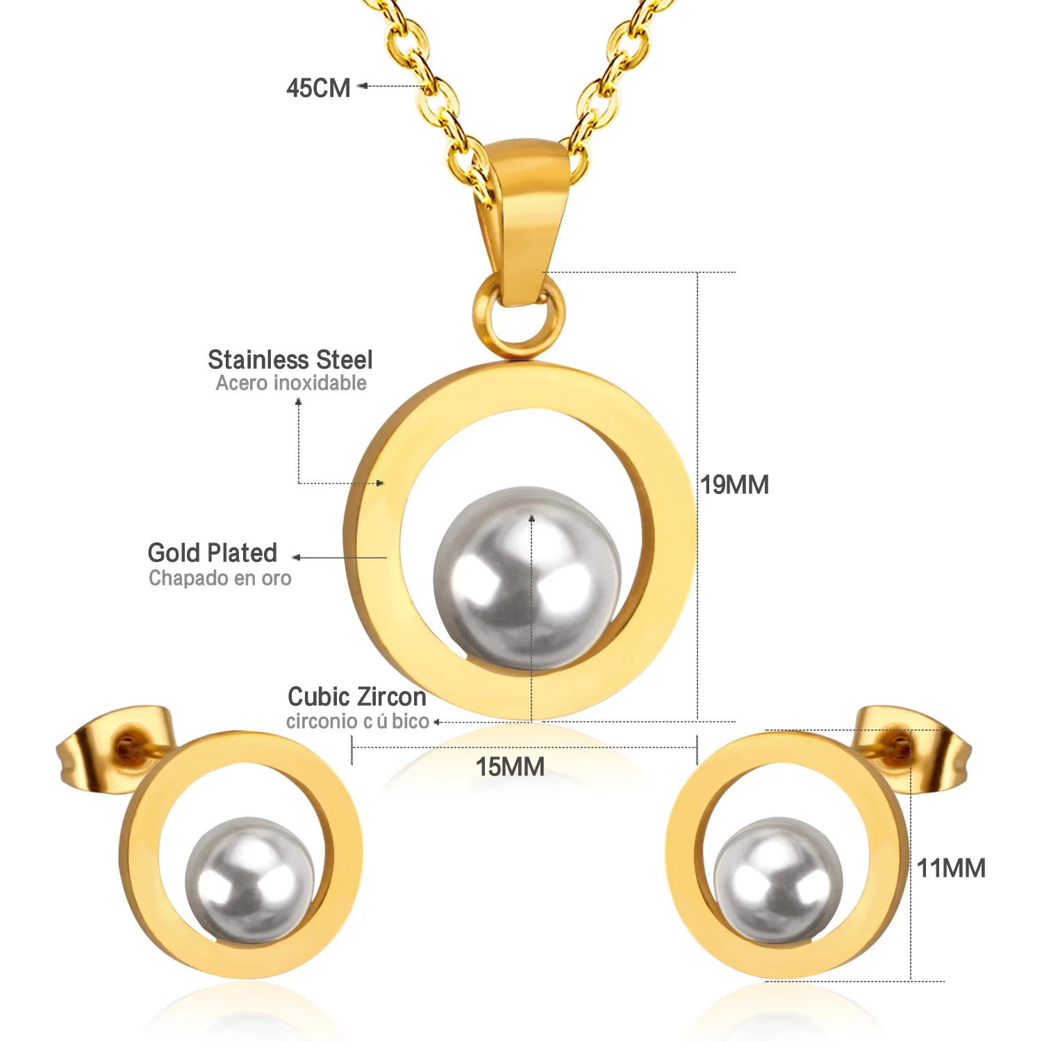 Комплект из колье и серёг LUXUSTEEL нержавеющей стали с круглым искусственным