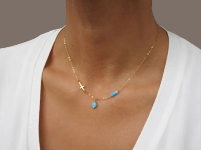 Chic Blue Beads Evil Eye and cross Necklace for Women Fashion Cross Necklaces |