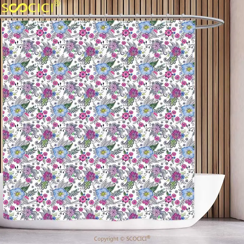 Decorative Shower Curtain Collection Colorful Flowers Blossoms Leaves and Blots Flourish Ornate Summer Garden Cheerful Deco