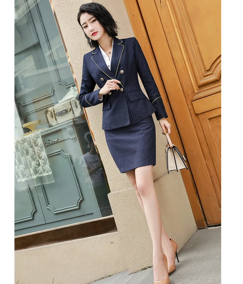 

Workwear Pant Suits 2 Piece Set for Women Double Breasted Striped Blazer Jacket & Trouser & Skirt Office Lady Suit Feminino 2019