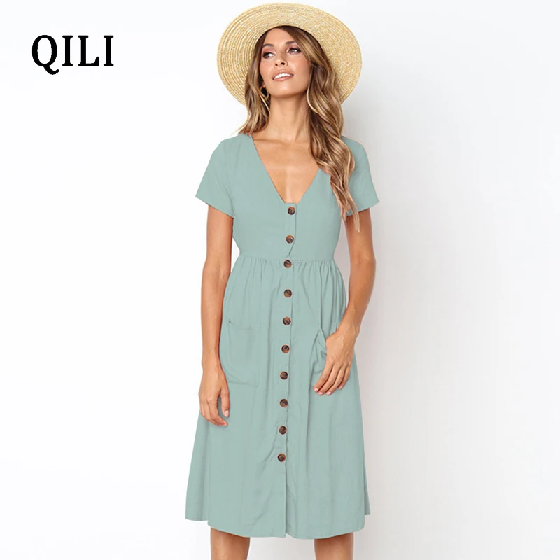 

QILI Women Short Sleeve Casual Dress v neck Button Pockets A-Line Dresses Womens Solid Color Casual Dress 8 Color