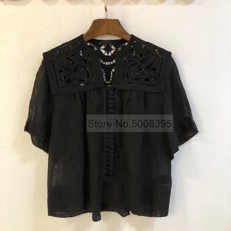 Женская Черная льняная блузка Gane топ с вышитыми панелями на пуговицах спереди и