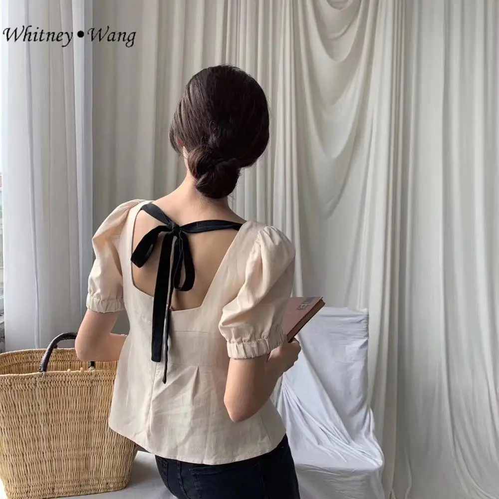 WHITNEY WANG блузки женские 2019 Летняя мода винтажный стиль квадратный воротник сзади