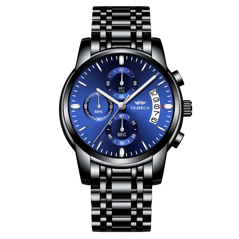 

Men Watches OLMECA Brand Watch Military Relogio Masculino Chronograph Wrist Watch Female Clock Black Stainless Steel Blue Dial