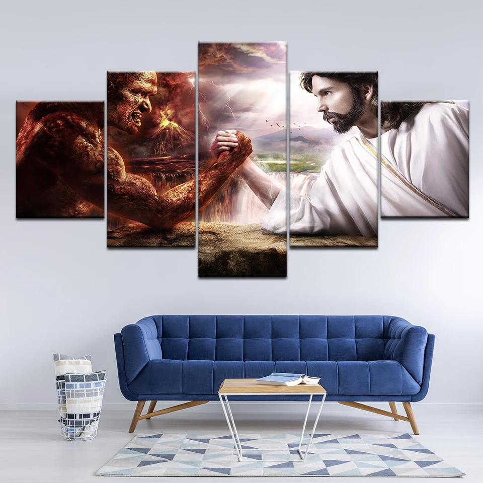 HD print 5 pcs canvas wall art jesus vs satan painting home decor for living room picture artwork | Дом и сад