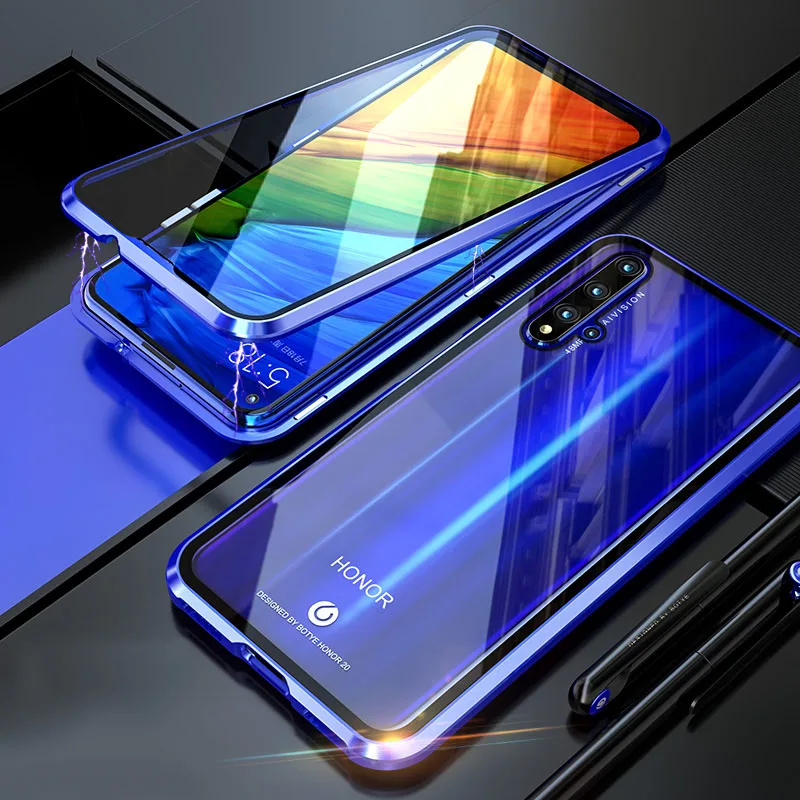 Металлический бампер, противоударный чехол для huawei honor 20, Магнитный чехол 360, передний+ задний 9 H, чехол из закаленного стекла для honor 20 Pro, чехол - Цвет: Blue