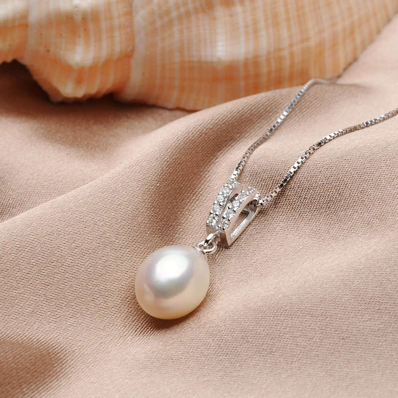 

FEIGE Promise Sterling Silver Pearl Pendant 8-9mm Natural Pearl Pendant for Women Wedding Pearl Egg Shape Slide Pendant Jewelry