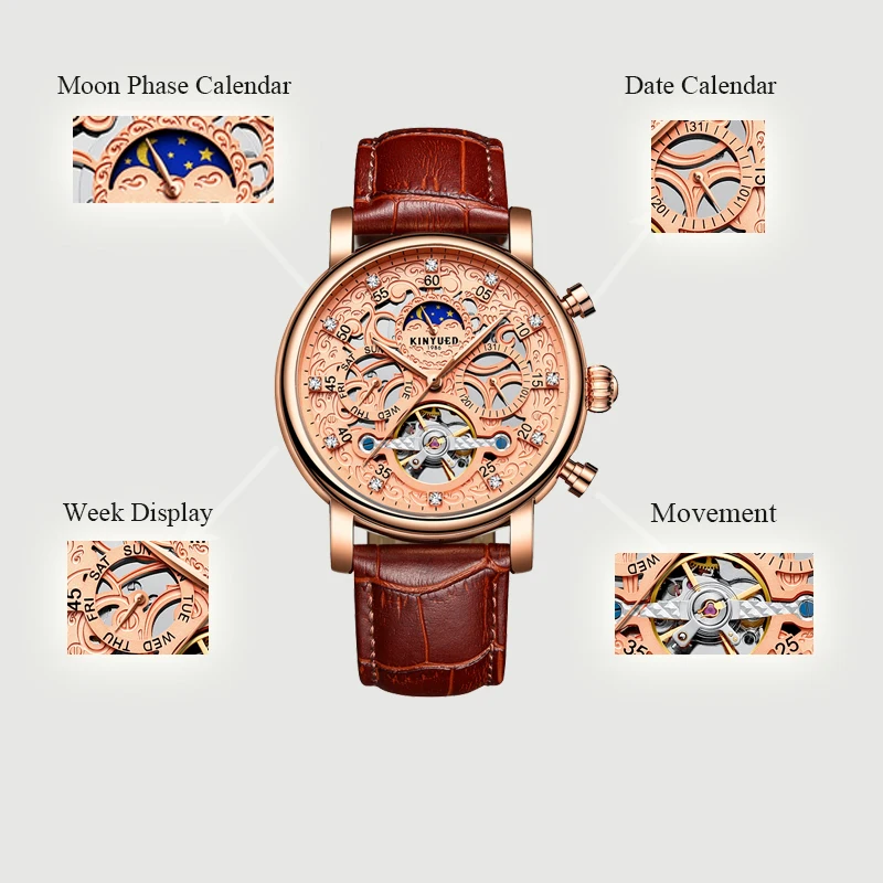 KINYUED классические мужские часы-Скелетон automatic Tourbillon Мужские механические наручные часы кожаные Moon Phase Мужские часы с календарем