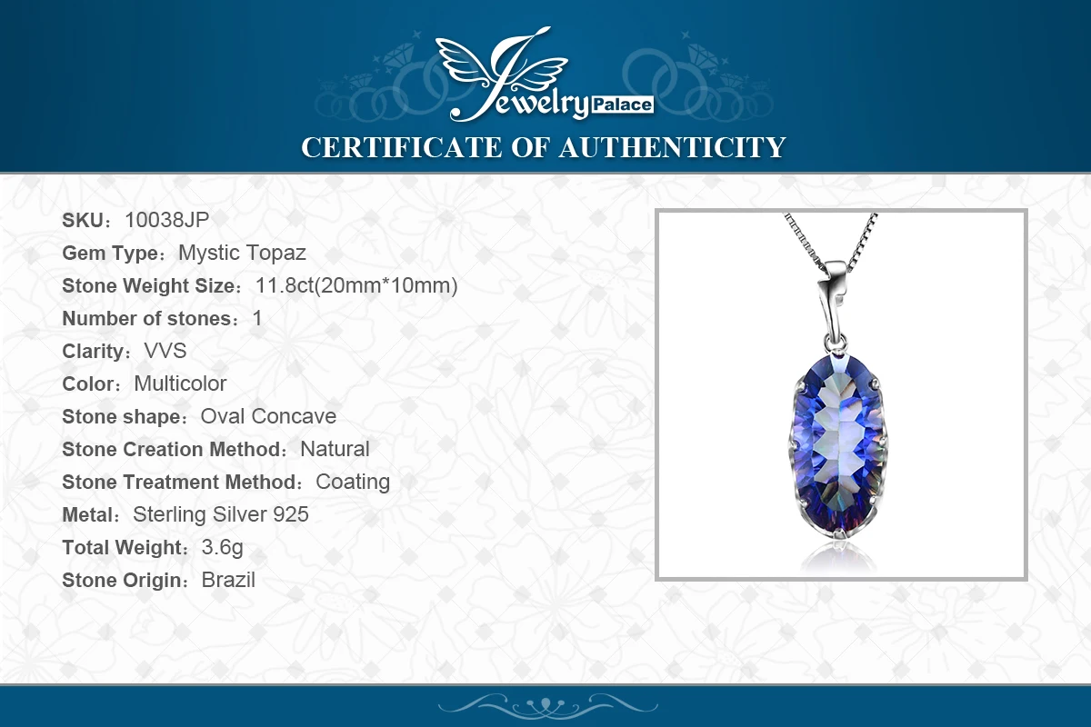 JewelryPalace 11.8ct Подлинная Мистический Синий Радуга Топаз Подвеска Твердые