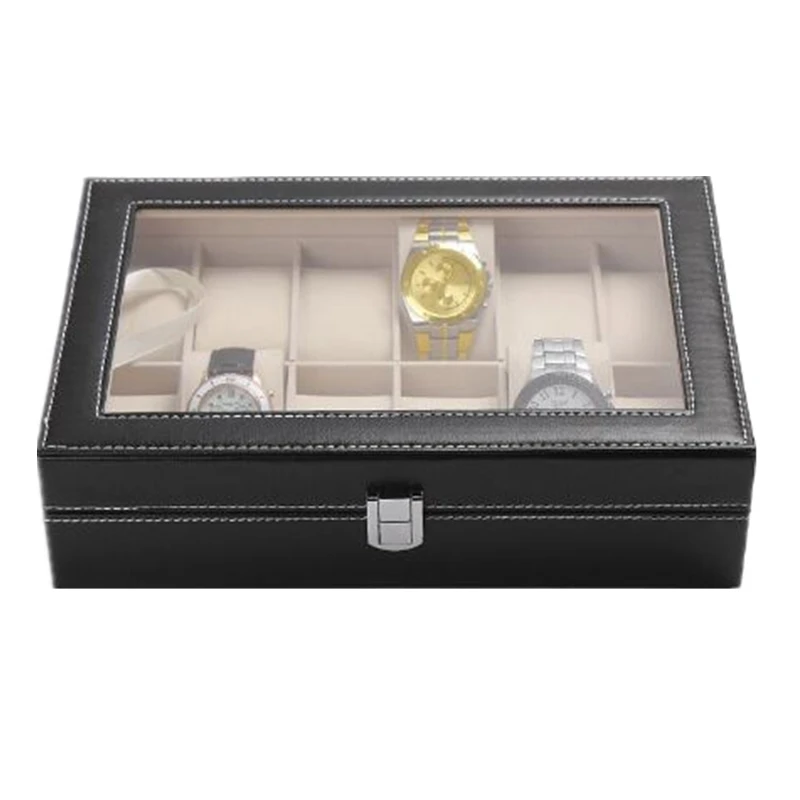 12 ячеек коробка для часов черная демонстрации из искусственной кожи деревянная